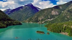 Landscapes nature Trees water Mountains clouds Green Islands 