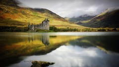 Landscapes nature Trees water Mountains clouds Scotland ruins 