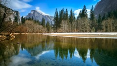 Landscapes nature Trees water Mountains clouds white Green 