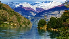 Landscapes nature Trees yellow snow water blue Mountains white 