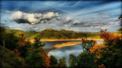 Landscapes nature Trees yellow water clouds red hills white 