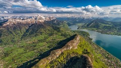 Landscapes nature water blue Mountains clouds white Green 