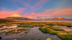 Landscapes nature water Mountains clouds pink Green Volcanoes 