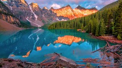 Landscapes nature yellow Mountains lakes forests moraine lake