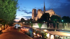 Landscapes night lights Paris ships Notre Dame architecture 