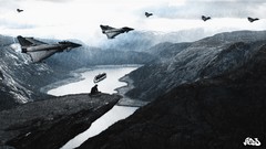 Landscapes rain storm spaceships science fiction lone man