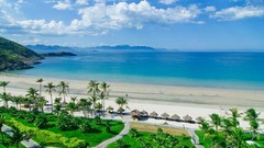 Landscapes sand nature Trees grass water clouds hills white 