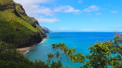 Landscapes sand Sea nature Trees blue Mountains clouds white 