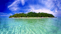 Landscapes sand Sea nature Trees water blue clouds ocean white 