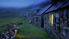 Landscapes Scotland rocks houses mist stone houses window panes