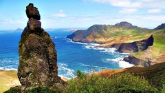 Landscapes Sea nature grass blue clouds hills white Green 