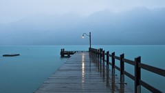 Landscapes Sea nature water hills calm platform Lamps mist 