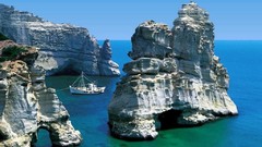 Landscapes ships Greece Islands rock formations milos