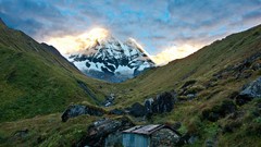 Landscapes sunrise creek nature grass Mountains clouds Green 