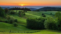 Landscapes sunrise nature grass yellow blue clouds red hills 