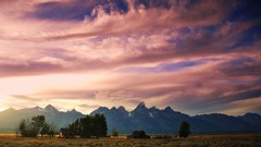 Landscapes sunrise nature Trees grass Mountains clouds farm 