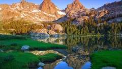 Landscapes sunrise nature Trees grass snow water blue Mountains 