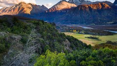 Landscapes sunrise nature Trees grass water blue Mountains 