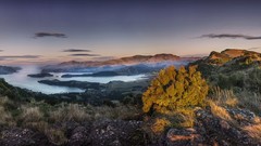 Landscapes sunrise nature Trees grass water hills early morning 