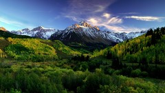 Landscapes sunrise nature Trees snow Mountains clouds Green 