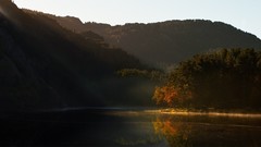 Landscapes sunrise nature Trees water autumn hills lakes 