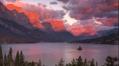 Landscapes sunrise nature Trees water Mountains clouds red 