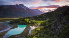 Landscapes sunrise nature Trees yellow snow water Mountains 