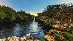 Landscapes sunrise nature Trees yellow water white Green 