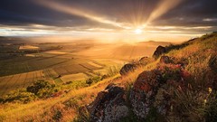 Landscapes sunrise nature yellow clouds hills Green fields 