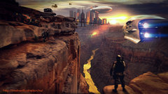 Landscapes sunset canyon Grand Canyon USA cities spaceships 