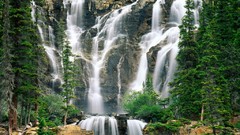 Landscapes sunset creek Trees yellow sun Canada waterfalls 