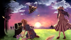 Landscapes sunset Flowers leaves Trees grass sun clouds graves 