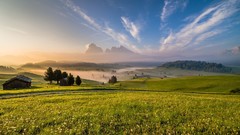 Landscapes sunset fog nature Trees grass Mountains clouds hills 