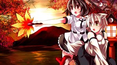 Landscapes sunset leaves Trees water Mountains Anime red eyes 