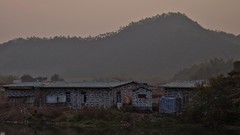 Landscapes sunset Mountains lakes houses shack