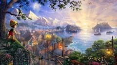 Landscapes sunset Movies ships Pinocchio Thomas Kinkade 