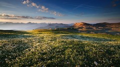 Landscapes sunset nature grass blue clouds hills white Green 