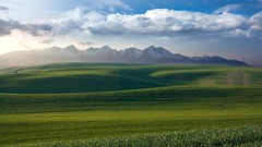 Landscapes sunset nature Mountains clouds line hills Green 