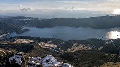 Landscapes sunset nature snow water clouds hills Japan bay 