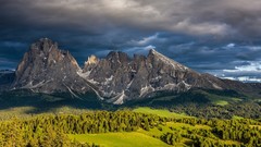 Landscapes sunset nature Trees grass blue Mountains clouds 