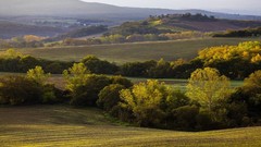 Landscapes sunset nature Trees grass hills Green houses fields 