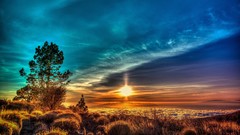 Landscapes sunset nature Trees grass yellow blue clouds red 