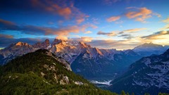 Landscapes sunset nature Trees yellow snow blue Mountains 