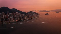 Landscapes sunset nature water ocean hills ships Skyscrapers 