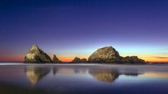 Landscapes sunset nature water Stars blue red Birds rocks 