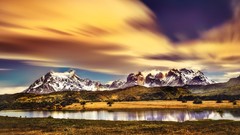 Landscapes sunset nature yellow snow water blue Mountains 