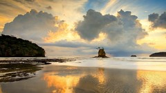 Landscapes sunset sand Sea nature yellow water blue clouds 