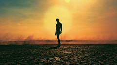 Landscapes sunset sand sun wind Men drought silhouettes cracks 