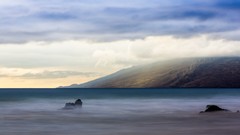 Landscapes sunset Sea nature clouds hills coast Hawaii rocks 