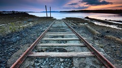 Landscapes sunset Sea nature coast Railways railroad tracks